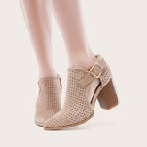 Pointed Toe Side Cutout Western Booties Chunky Heel Ankle Boots Oshnow